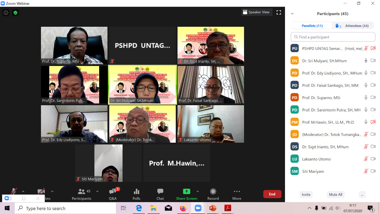 Melalui Seminar Online Untag Kupas Investasi Asing Dalam Situasi Pandemi Covid 19.